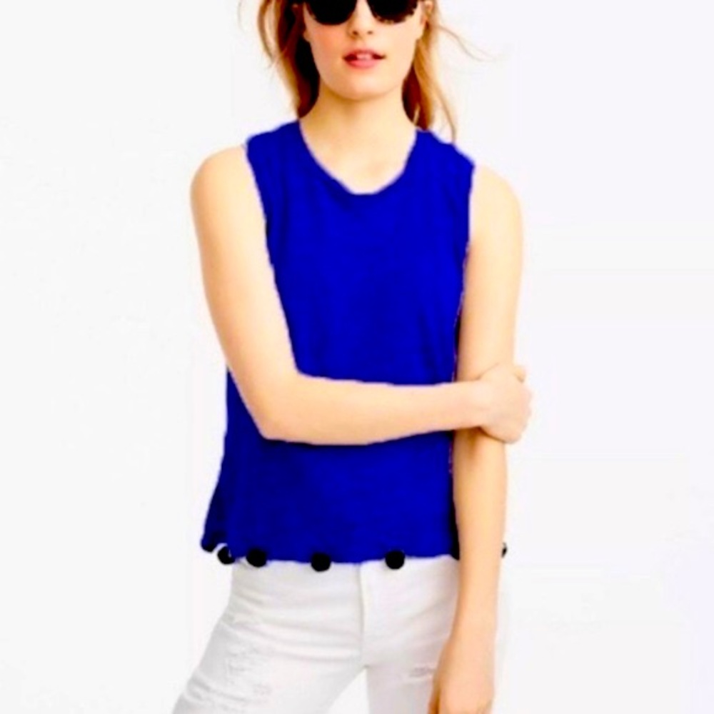 J Crew Linen Pom Pom Cobalt Blue Tank